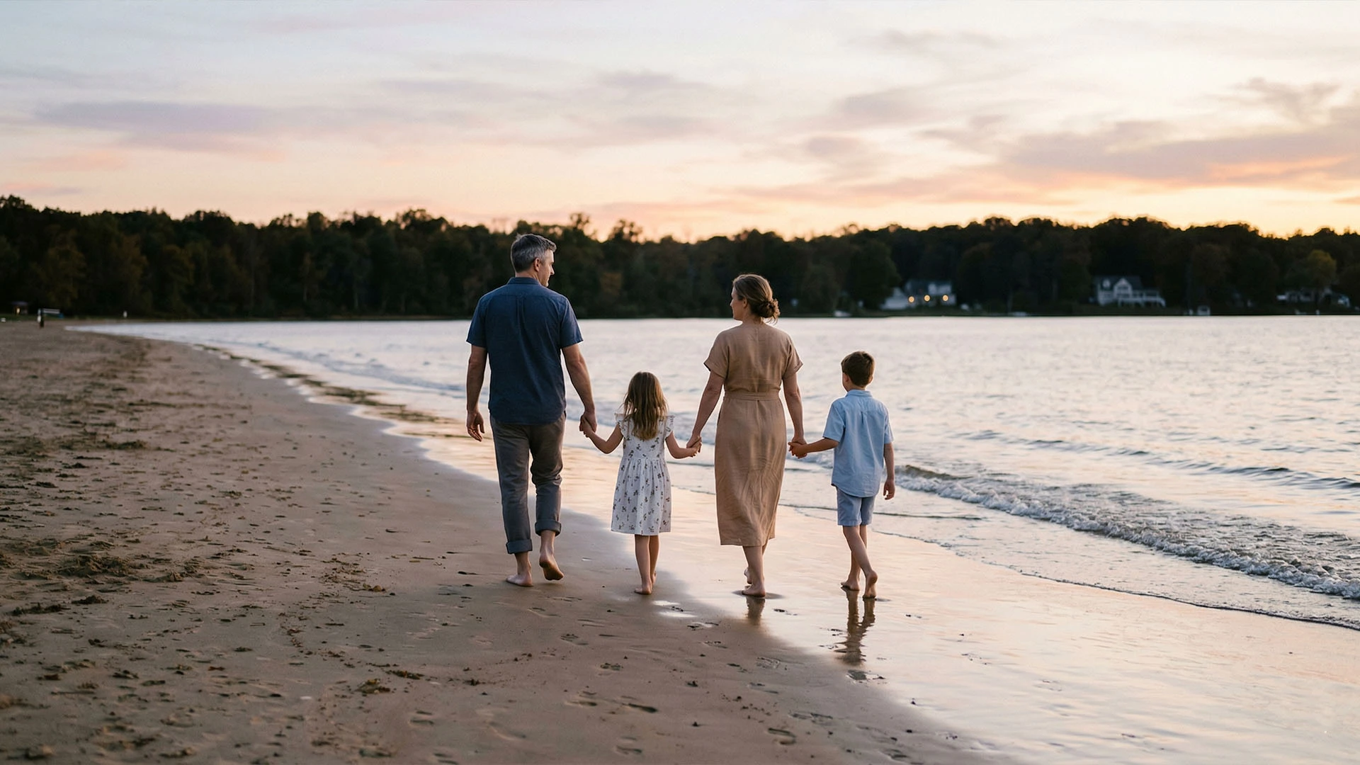 Family walking together along a lake beach